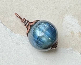 Kyanite Sphere Pendant, Blue Gemstone Ball Pendant on Copper