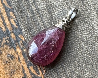 Pink Tourmaline Pendant, Pink Gemstone Teardrop Pendant on Antiqued Sterling Silver