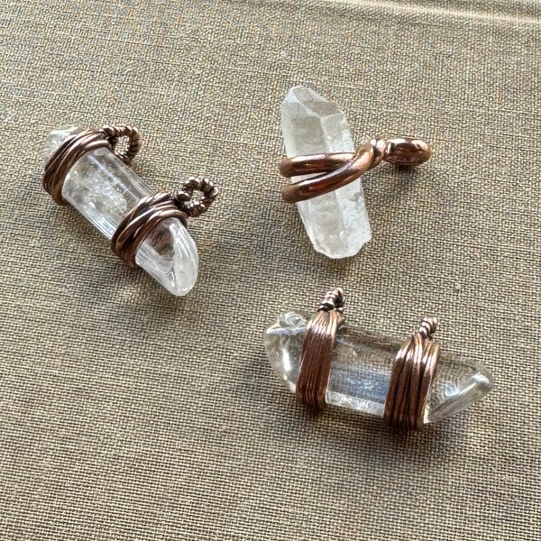 Horizontal Crystal Pendant, Copper Electroformed Wrapped Double Bail Quartz Necklace Focal