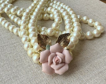 Vintage Faux Pearl Necklace, Double Strand Pearl Necklace with Pink Flower Clasp