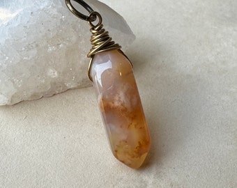 Flower Agate Crystal Pendant, Yellow Gemstone Double Point Stone