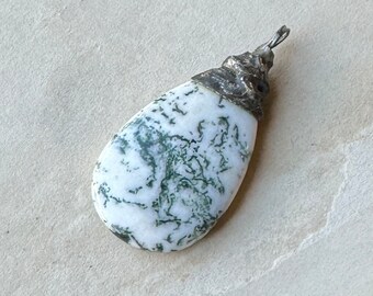 Soldered Stone Pendant, Tree Agate Teardrop Pendant, Green and White Stone