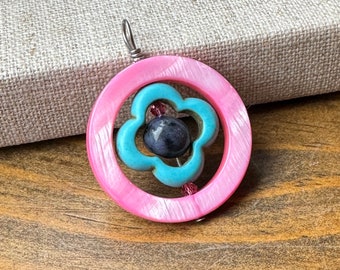 Pink and Turquoise Blue Shell and Gemstone Quatrefoil Pendant