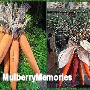 May include: Two decorative carrot bundles. One features orange carrots with a plaid fabric top. The other has a bundle of carrots in shades of orange and red, adorned with greenery and a tag. The text "MulberryMemories" is visible.