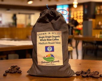 Medium gebrande koffie uit Belize, Caribische koffie, koffie uit Belize, Belize, biologische koffie, koffie met hele bonen, Mayakoffie, handgemaakte verpakking