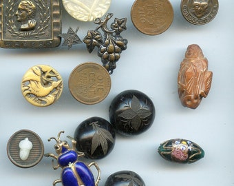 DESTASH Bakers Dozen (13 pieces) Lot  Vintage and Antique Pieces, Enamel Beetle, beads MOP, Victorian Acorn ETC. for Crafting, Jewelry #9262