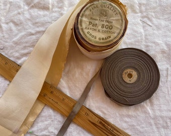 Ribbon Lot of (2) Vintage  Rolls of Grosgrain Ribbon, Silvery Taupe and White Trim 9397