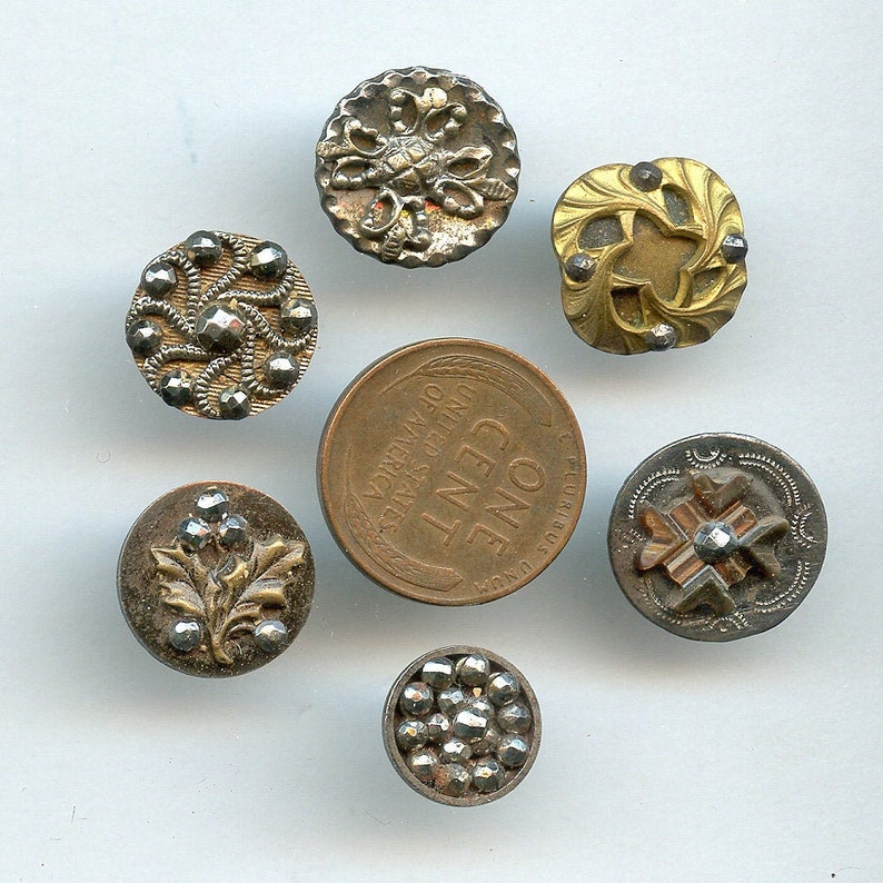 6 Victorian Metal Buttons with CUT STEEL Antique Crafters Nice Variety 8615 Lot of