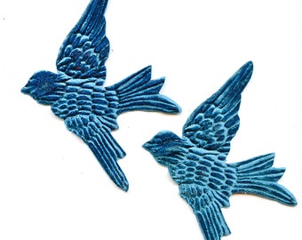 Pair PEACOCK Blue Velvet BIRDS Millinery  Pressed Pieces Large  Embossed from Antique Molds Teal  Turquoise Aqua  MORE AVAlLABLE