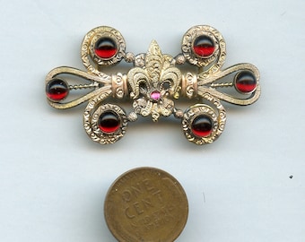 Antique Buckle Fleur de Lis and Faux Rubies Rhinestones Openwork Brass Red Two 2 Piece 9357