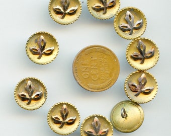 Matching Set of (10) Victorian Brass Buttons with Cut Steel Leaf Centers 9/16" 9096