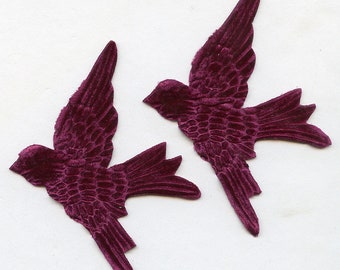 Pair  BURGUNDY Wine BIRDS  Millinery Velvet Pressed Pieces Large  Embossed from Antique Molds MORE AVAlLABLE