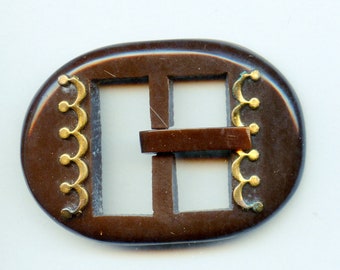 Vintage Chocolate BROWN Casein Buckle Brass Detail Art Deco 9292