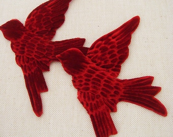 Pair RED VELVET BIRDS  Millinery  Ruby Pressed Pieces Large  Embossed from Antique Molds  mORE  AVAIlABLE