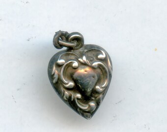 Small Victorian Puffy HEART Ornate STERLING Vintage Antique Charm WHO Do You Love? 9263