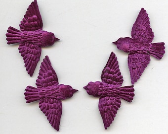 Small PLUM vELVET BIRDS (4) Millinery  Pressed Pieces Embossed from Antique Molds Purple MORE AVAlLABLE