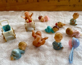 Vintage Lot of (12) Pieces little baby charms and figures Boys and Girls shower babies trinkets miniatures cake toppers