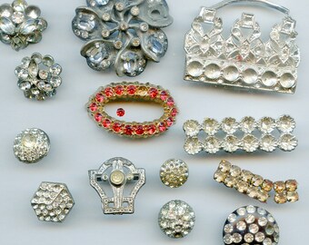 Vintage (13 Pieces)  Destash Lot Rhinestones Buttons Jewelry Craft Repair Repurpose  9330