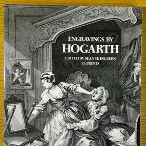 May include: A black and white engraving of a couple in a bedroom. The woman is standing and the man is sitting. The woman is holding a mirror and the man is looking at her. The engraving is titled "Engravings by Hogarth" and "Edited by Sean Shesgreen 101 Prints".