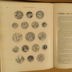 May include: An open book displays a page titled "BUTTON PARADE" with illustrations of circular buttons. The buttons feature detailed black and white drawings of various scenes and figures. The opposite page contains text under the title "STORIES AND FABLES".