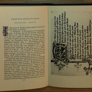 May include: A page from a book titled "Legibility. Beauty" with a black and white illustration of a decorative border with a floral design. The text on the page discusses the importance of simplicity in writing and how it relates to beauty.