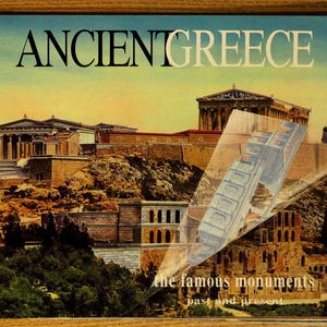 May include: A spiral-bound book titled "ANCIENT GREECE" with a scenic image of ancient monuments. The cover features a collage of historical buildings, with text that reads "the famous monuments past and present".