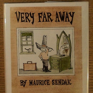 May include: A book cover with a brown background and the title "Very Far Away" in a stylized font. The cover features a cartoon illustration of a person wearing a hat and looking in a mirror. The author, Maurice Sendak, is listed below the title. The book is published by HarperCollins Publishers.