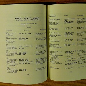 Może przedstawiać: Strona z książki zatytułowanej "WPKA GWY ADAT" z podtytułem "CHEROKEE LESSONS TWENTY-TWO" i tekstem "Ta-11-cao-nea-to-." Strona zawiera tłumaczenie fraz w języku czirokeeskim i odpowiadający im sylabariusz.