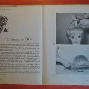 May include: A black and white image of a book with two pages open. The left page has a black and white illustration of a woman with her hair styled in a bouffant. The right page has a black and white illustration of a woman's hands teasing a wig with a comb. The text on the left page reads "7. Teasing the Hair". The text on the right page reads "7-1" and "7-2".