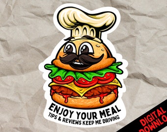 Cute Food Delivery Stickers - Increase Your Tips! MUSTACHED HAMBURGER