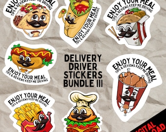 Cute Food Delivery Stickers - Increase Your Tips! BUNDLE OF 7 MUSTACHE