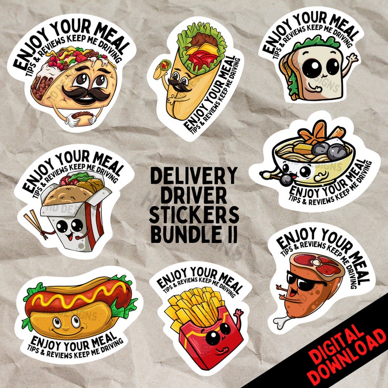 Cute Food Delivery Stickers Increase Your Tips BUNDLE OF 8 image 1