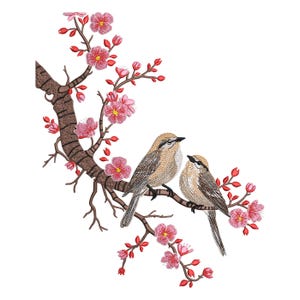 Birds in Tree Machine Embroidery Design, Bird on Tree Branch with Pink Flowers Embroidery Design, Cherry Blossom Birds,7 Sizes, Download PES