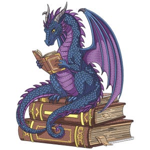 May include: A detailed illustration of a blue and purple dragon reading a book. The dragon is perched atop a stack of brown books with gold accents. The dragon has large wings and is facing left.