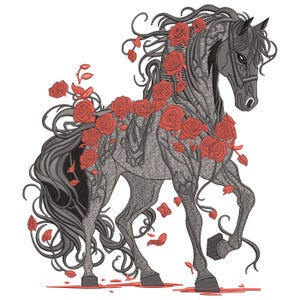 Disegno per ricamo a macchina di un cavallo floreale, motivo dettagliato di uno stallone con rose, file di ricamo digitale per vestiti, giacche e decorazioni, 6 misure