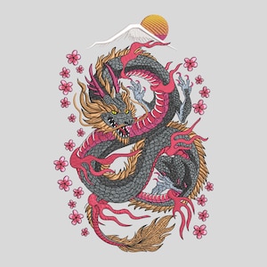 Dragon Embroidery Design File, Japanese Style Mystic Dragon, Machine Embroidery Pattern, Floral Sakura Dragon, 7 Sizes, DST PES, Download