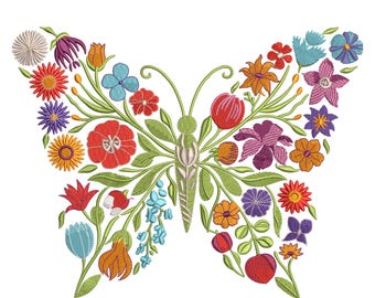 Floral Butterfly Machine Embroidery Design, Nature Garden Pattern, Butterfly Embroidery Pattern, Summer Embroidery,7 Sizes, Download DST PES