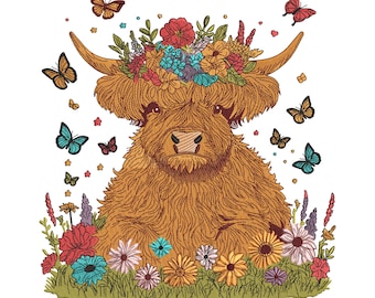Floral Highland Cow Embroidery Design, Boho Cow Machine Embroidery File, Farm Animal Floral Patter, 6 Sizes, DST PES JEF ,Instant Download