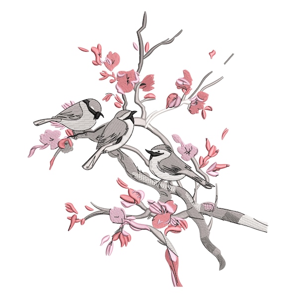 Cherry Blossom Birds Embroidery Design, Floral Bird Branch Pattern, Spring Nature Machine Embroidery File, Sakura Birds Embroidery, 7 Sizes