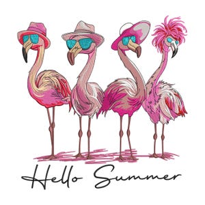 Motif de broderie flamant rose, Bonjour flamant rose d'été, fichier de broderie oiseau tropical, motif de broderie Machine d'été, 6 tailles, téléchargement PES