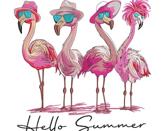 Flamingo Embroidery Design, Hello Summer Flamingo, Tropical Bird Embroidery File, Summer Machine Embroidery Pattern, 6 Sizes, Download PES