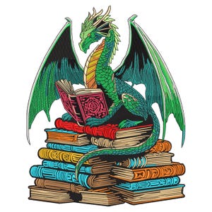 Buchdrache Stickdatei, Fantasie lesender Drache Stickdatei, Fabelwesen, magisches Bibliotheksmuster, 7 Größen, Download