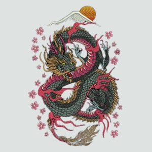Dragon Embroidery Design File, Japanese Style Mystic Dragon, Machine Embroidery Pattern, Dragon, 5 Sizes, Format DST PES, Instant Download