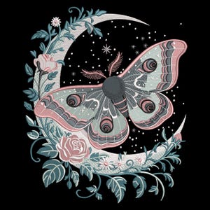 Lunar Moth & Rose Crescent Moon Embroidery Design, Celestial Floral Machine Embroidery Pattern, Boho Nature Stitch File, Instant Download