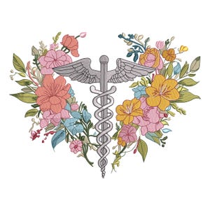 Puede incluir: Un símbolo de caduceo plateado con alas y un bastón, rodeado por una corona floral. La corona presenta flores rosas, naranjas, amarillas y azules con hojas verdes, sobre un fondo blanco.
