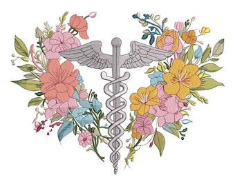 May include: A silver caduceus symbol with wings and a staff, surrounded by a floral wreath. The wreath features pink, orange, yellow, and blue flowers with green leaves. The design is set against a white background.
