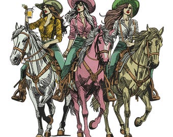 Western Embroidery Design, Cowgirls And Horses Embroidery Machine File, Cowgirls Rides Horses Embroidery Design, 6 Sizes, DST PES, Download