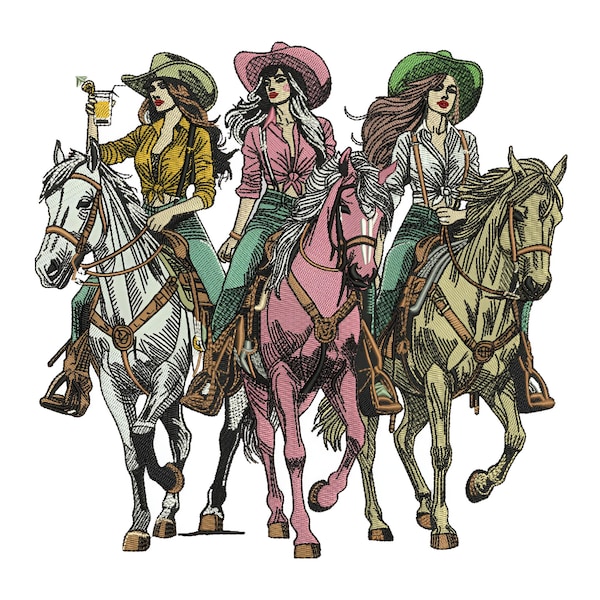 Western Embroidery Design, Cowgirls And Horses Embroidery Machine File, Cowgirls Rides Horses Embroidery Design, 6 Sizes, DST PES, Download