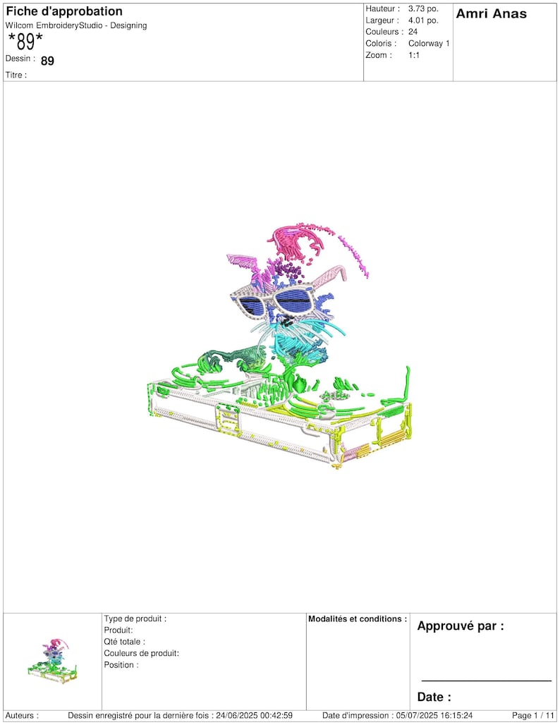 Op de afbeelding: Een borduurontwerp met een zonnebril met strass accenten en kleurrijke abstracte elementen. Het ontwerp is geplaatst op een rechthoekige basis met een gedetailleerd, geometrisch patroon. De tekst "*89*" is zichtbaar.