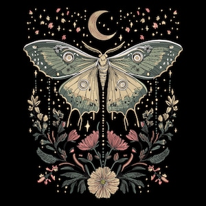 Mystical Luna Moth Embroidery Design, Moon & Floral Boho Pattern, Celestial Butterfly Digital File, Machine Embroidery Download, 7 Sizes PES
